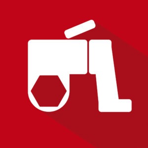 white abstract square drive symbol on a red background, inspired by the dynamic energy of wind power, represents PLARAD