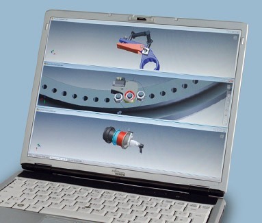 Zu sehen ist ein Laptop-Bildschirm mit 3D-CAD-Modellen.