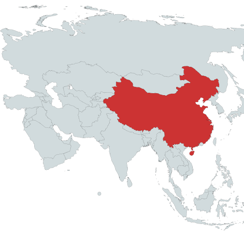 Map highlighting China in red within the Asian continent. Showing our sales region in china.