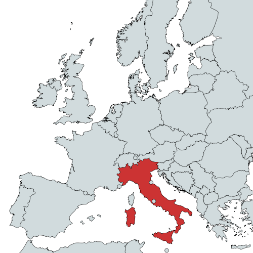 Map showing Italy highlighted in red among European countries, indicating the region where we sell our torque wrenches. Mappa con l'Italia evidenziata in rosso tra i paesi europei, che indica la regione in cui vendiamo le nostre chiavi dinamometriche.
