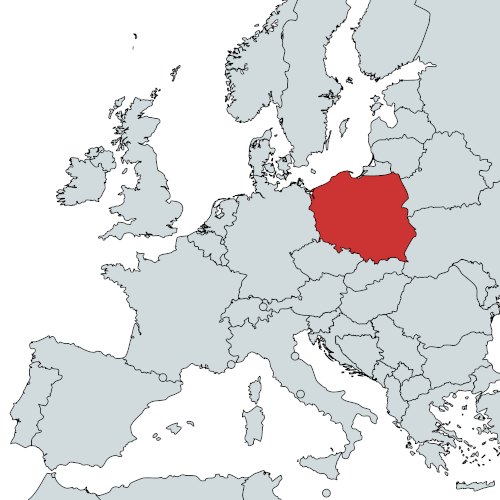 Map with Poland highlighted in red within Europe, showing our sales support and operational network in Poland. Mapa z Polską wyróżnioną na czerwono w Europie, pokazująca nasze wsparcie sprzedaży i sieć operacyjną w Polsce.