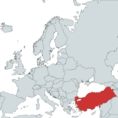 Türkiye'nin kırmızı renkle, çevresindeki ülkelerin gri renkle vurgulandığı bir harita, Türkiye'deki satış desteğimizi ve operasyonel ağımızı gösteriyor. Map with Turkey highlighted in red and surrounding countries in gray, showing our sales support and operational network in Turkey.