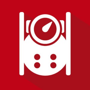 White rocket symbol with round windows and a tachometer on a red background, representing the power and precision behind PLARAD’s hydraulic power pack.