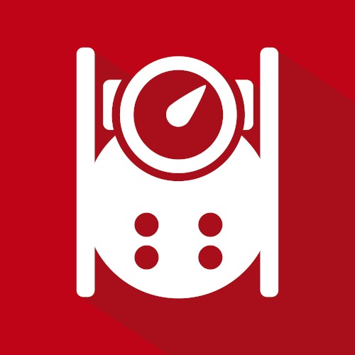 White rocket symbol with round windows and a tachometer on a red background, representing the power and precision behind PLARAD’s hydraulic power pack.