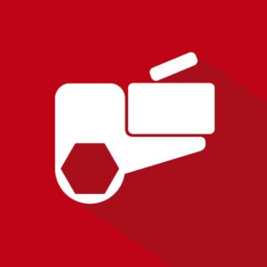 White cassette screwdriver symbol on a red background with a long shadow, representing the precision and versatility of PLARAD's advanced bolting solutions.