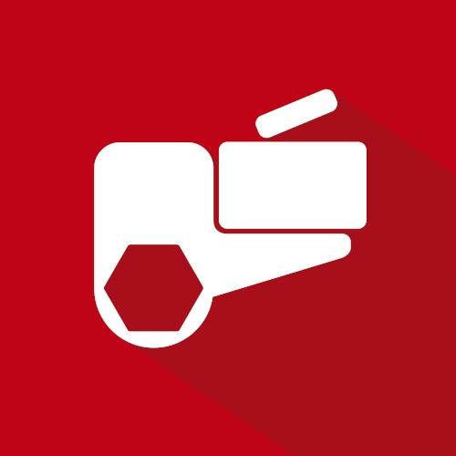 White cassette screwdriver symbol on a red background with a long shadow, representing the precision and versatility of PLARAD's advanced bolting solutions.