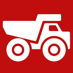 Symbol of a white dumper truck on a red background