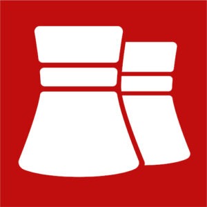 White cooling tower symbol on a red background, symbolizing safety and reliability in power plants