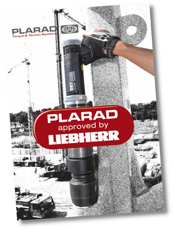This is the cover page of a booklet showcasing Plarad's solution for Liebherr cranes. The text reads: "PLARAD Construction Machinery & Cranes Industry Solution, certified by LIEBHERR."