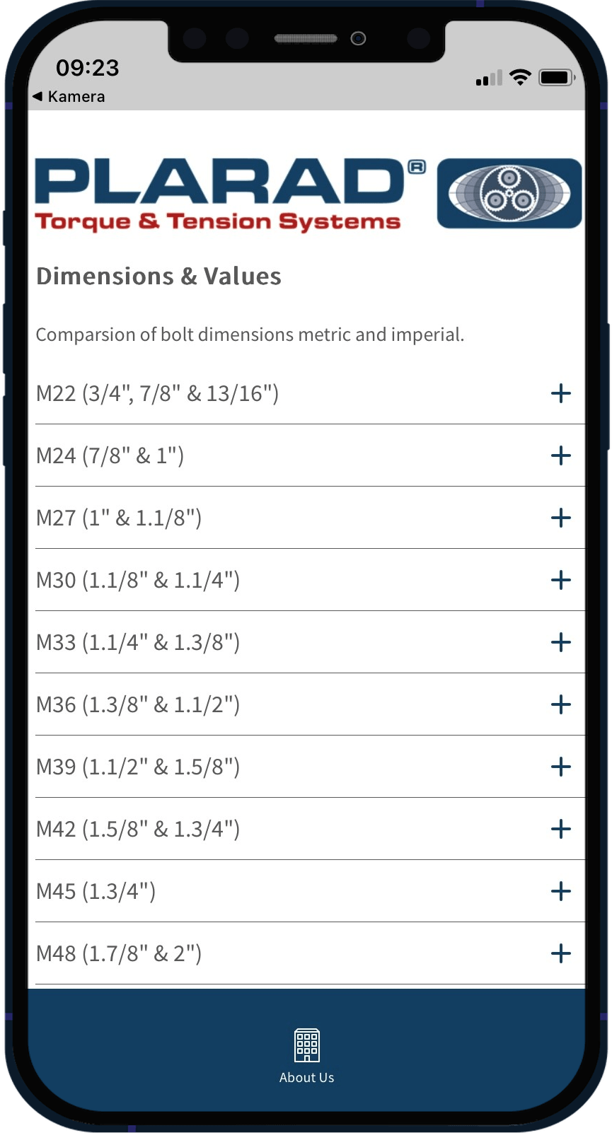 Screenshot der Plarad Torque & Tension Systems App auf einem Smartphone.