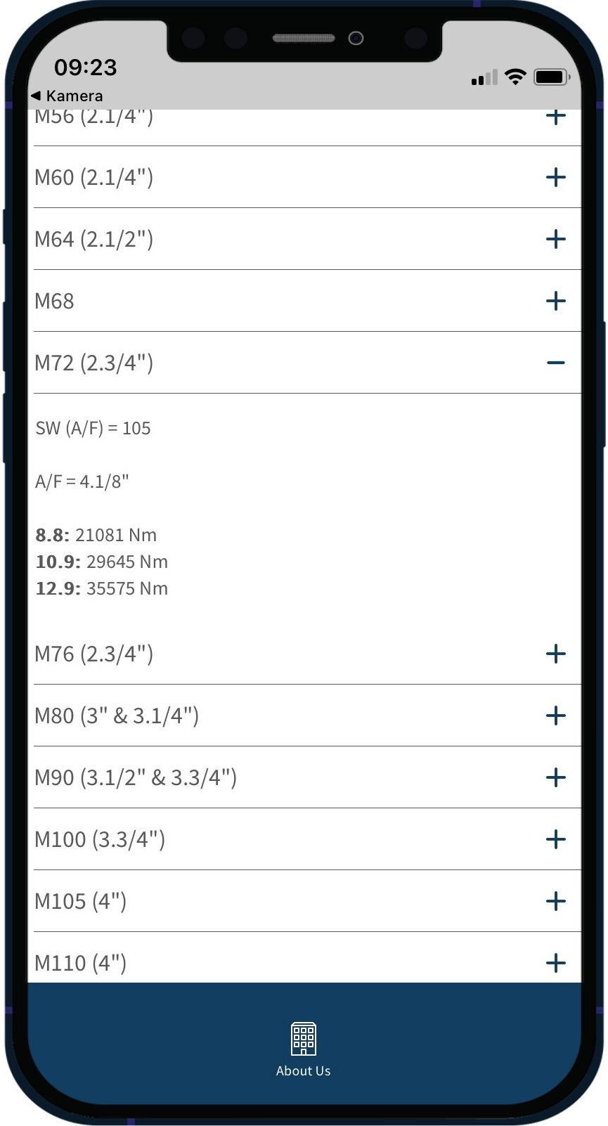 Screenshot der Plarad Torque & Tension Systems App auf einem Smartphone.
