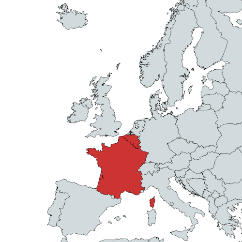 Auf einer detaillierten Karte ist Frankreich in Europa rot hervorgehoben. Es stellt das Herz des ausgedehnten globalen Vertriebsnetzwerks von Plarad dar, das einen Service rund um die Uhr gewährleistet.