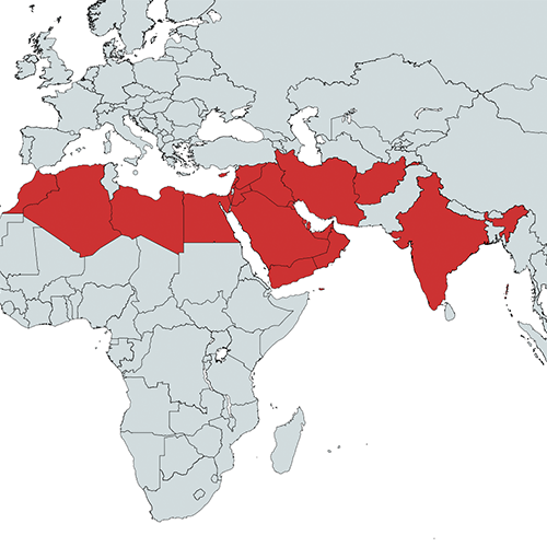 Auf der Karte sind die Länder des Nahen Ostens und Südasiens rot hervorgehoben. Dies symbolisiert den rund um die Uhr verfügbaren Service von Plarad über ein globales Vertriebsnetzwerk.