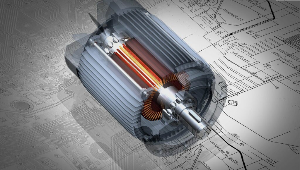 Zu sehen ist ein Querschnitt eines Elektromotors mit technischen Zeichnungen im Hintergrund