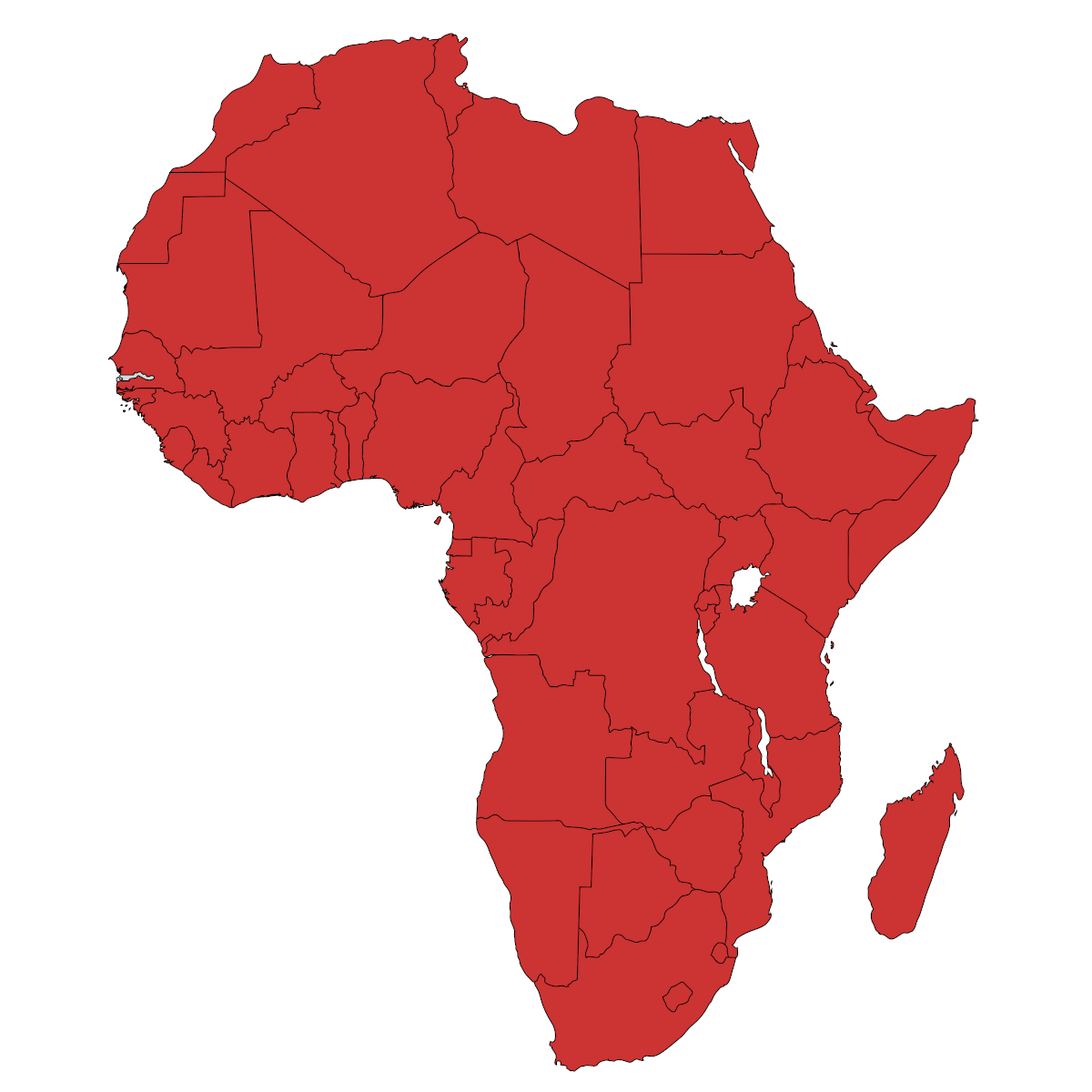 The map is a striking red outline of Africa, detailing country borders against a pristine white background.
