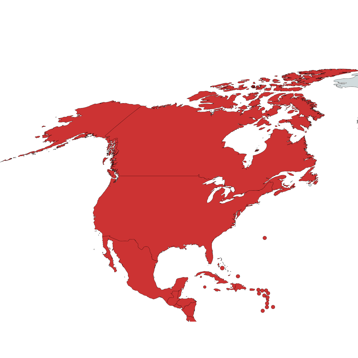 Map highlighting the countries of North America in red, showcasing Plarad's availability of products and service.