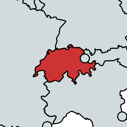 Map highlighting Switzerland in red, surrounded by neighboring countries in gray, showcasing the region where Plarad provides round-the-clock service through its global distribution network.
