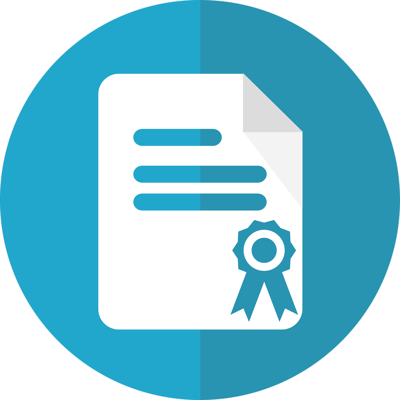 Icon of a document with a ribbon seal on a blue circular background.