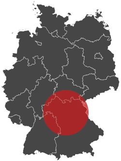 Map of Germany with a red circle highlighting the central southeastern region, illustrating Plarad Kontakte für Deutschland rund um die Uhr for comprehensive support.