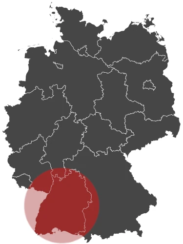 Map of Germany highlighting the southern region of Bavaria in red, showcasing Plarads 24/7 service through its global distribution network.