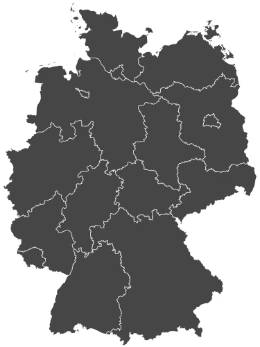 Silhouette map of Germany with outlined state borders, highlighting Plarads commitment to 24/7 service through its global distribution network.