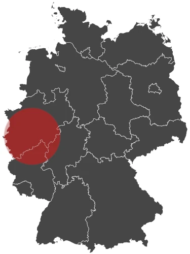 Map of Germany highlighting a region in the west with a red circle, showcasing Plarads commitment to 24/7 service through its extensive global distribution network.