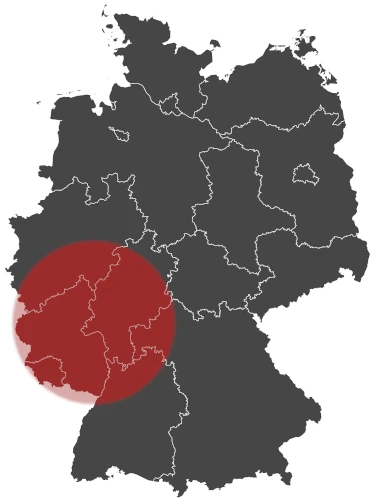 Map of Germany with a red highlighted area covering part of the southwest region, indicating the Plarad service area. Benefit from our rund um die Uhr support and expertise through a weltweites Vertriebsnetz.