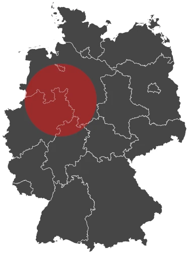 Map of Germany with a red circle highlighting the central-western region, where Plarad provides 24/7 service through its extensive global distribution network.