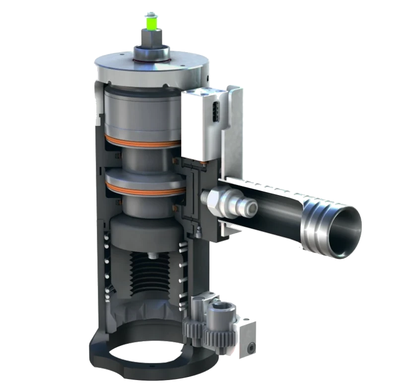 3D cutaway view of a mechanical tensioner showing internal components, cylindrical structure, and featuring Starke mehrstufige Spannzylinder von Plarad for enhanced performance.