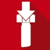 White arrow pointing down at a screw on a red background with a long shadow effect, symbolizing hochwertige Schraubtechnik & Drehmomentschrauber Made in Germany.
