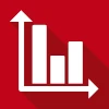 White bar chart with upward arrow axes on a red background, showing increasing values from left to right—symbolizing the growth and reliability of hochwertige Schraubtechnik & Drehmomentschrauber Made in Germany.