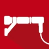 White electric massage gun icon on a red background, shown in a simple, minimal style—evoking the precision and quality of hochwertige Schraubtechnik & Drehmomentschrauber Made in Germany.