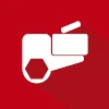 White whistle icon on a red background, with a shadow effect to the right and below the whistle. Inspired by hochwertige Schraubtechnik & Drehmomentschrauber Made in Germany, this design blends precision with bold simplicity.