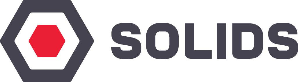 Logo with a red hexagon inside a gray hexagon next to the word SOLIDS in bold, gray letters, ideal for Messen & Veranstaltungen über industrielle Schraubsysteme.