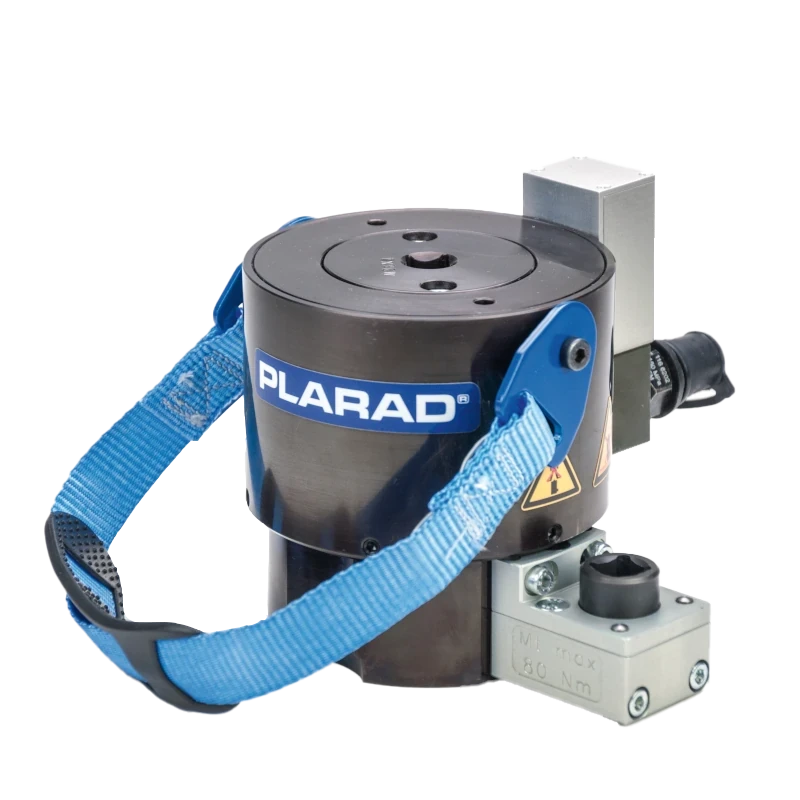 A PLARAD hydraulic tensioner with a blue carrying strap and a Starker Hydraulischer Spannzylinder PSE von Plarad on a white background.