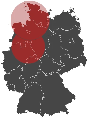 Deutschlandkarte mit zwei rot markierten Kreisen über Norddeutschland und der Region Mitte-West, dem Vertriebsgebiet von Torsten Stricker.